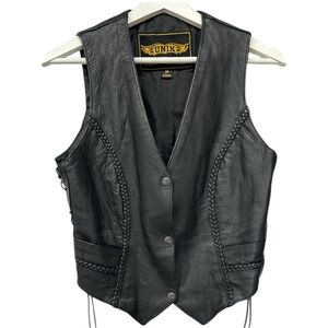 UNIK Black Leather Motorcycle Biker Vest Side Lace Snap Front Braided Trim Sz M